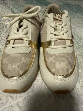 Michael Kors Raina Cream & Gold MK Monogram Sneakers